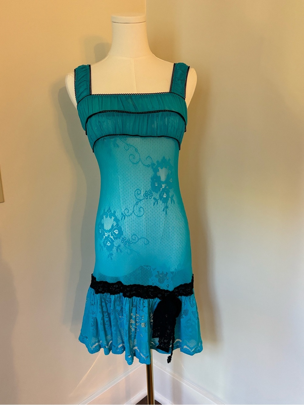 Betsy Johnson Y2K Teal Lace-Trim Sheer Chemise Dress